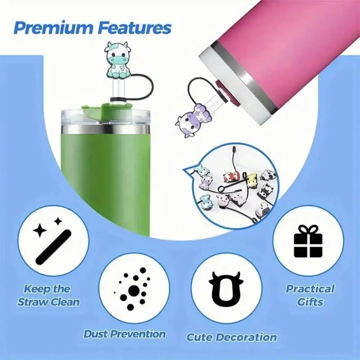 1-12PCS Cute  Snoopy Straw Cover Cap with 30&40Oz Cup10Mm Straw Toppers Reusable Dust-Proof Straw Caps Cartoon Drink Stra
