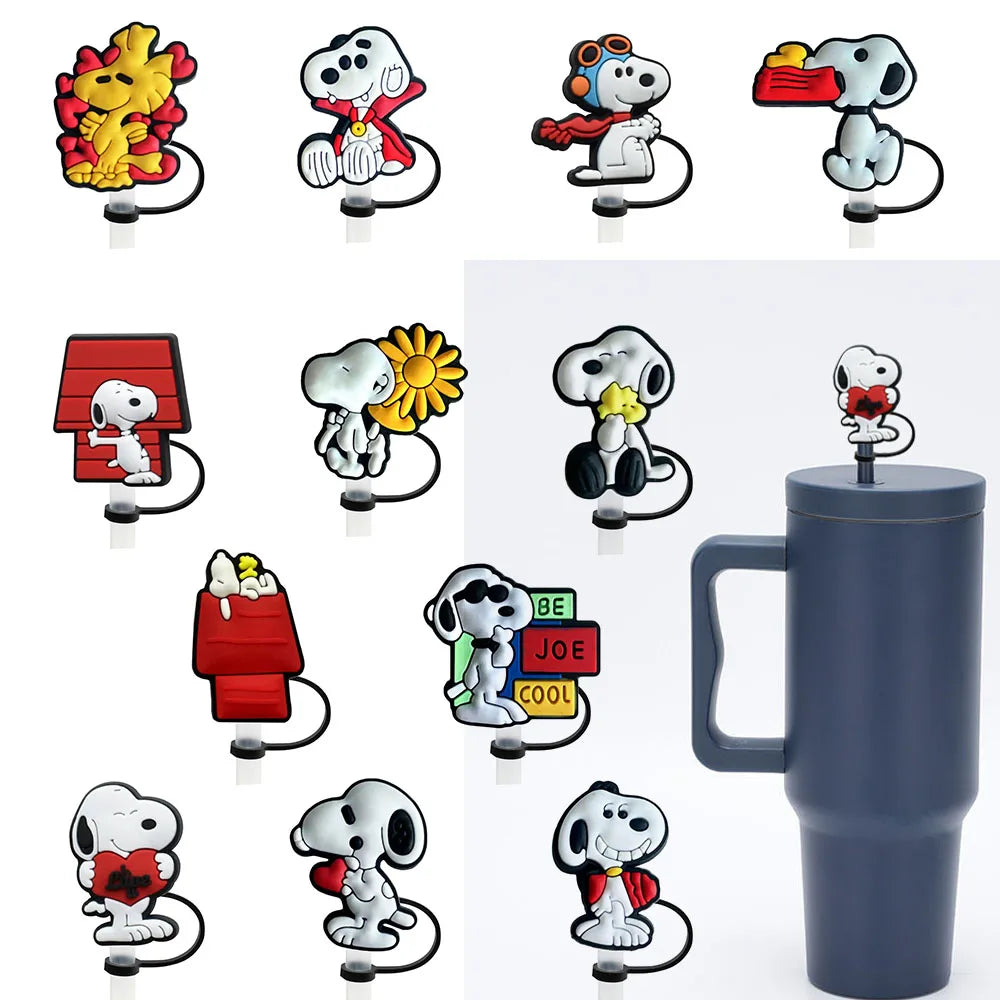 1-12PCS Cute  Snoopy Straw Cover Cap with 30&40Oz Cup10Mm Straw Toppers Reusable Dust-Proof Straw Caps Cartoon Drink Stra